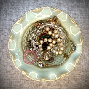 Handmade Ceramic Trinket Dish in Green and Beige Tone Glazes